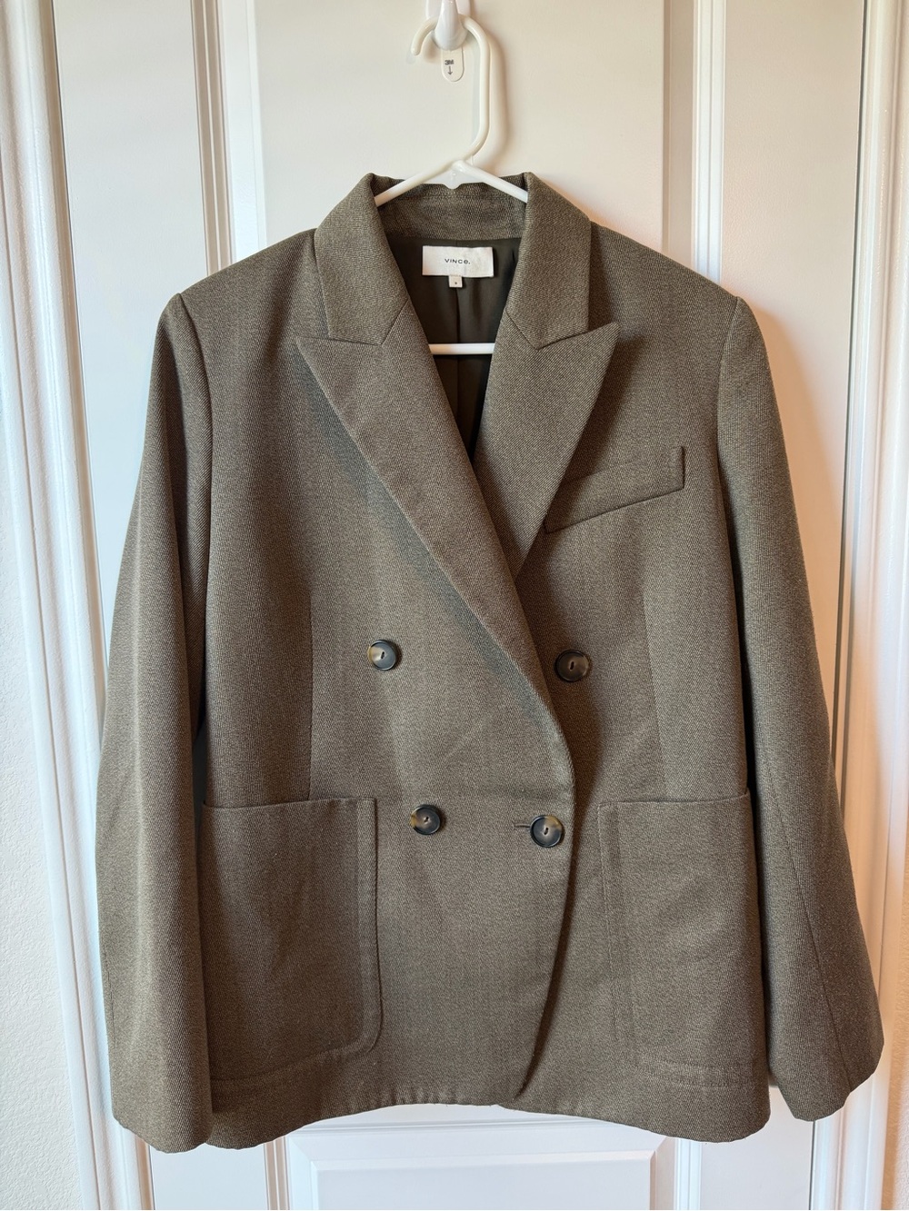 Vince Double-Breasted Olive + Brown Wool Blend Blazer Jacket